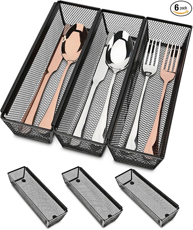 Silverware Organizer, Silverware Drawer Organizer, 6 Pack Cutlery Drawer Organizer, Utensil Organizer, Utensil Drawer Organizer, Cutlery Holder with Interlocking Arm (Black, 9.6 * 3 * 2 Inches)