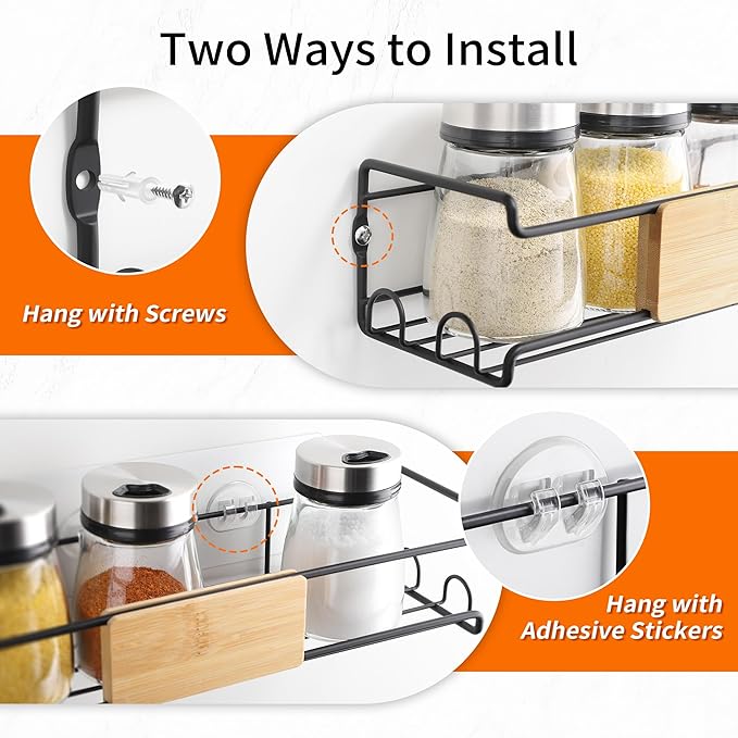 4-Pack Wall Spice Rack - Matte Black Spice Organization for Cabinet with Bamboo Plank - 2 Mounting Options Floating Shelves for Kitchen, Bathroom, Laundry Room, Pantry Organizers and Storage