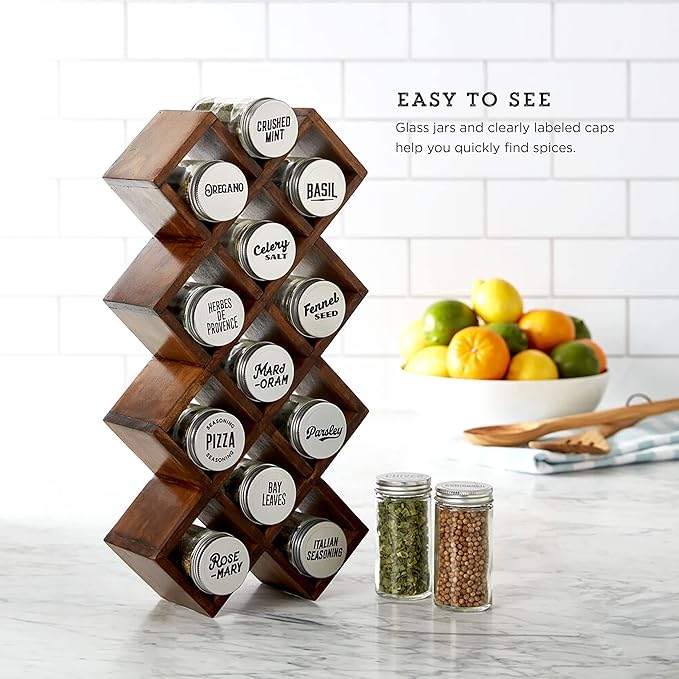 Kamenstein 10 Jar Criss-Cross 2-in-1 Spice Organizer for Countertop or Wall with Spices Included, FREE Spice Refills for 5 Years, Gray Wash Bamboo with Metal Caps