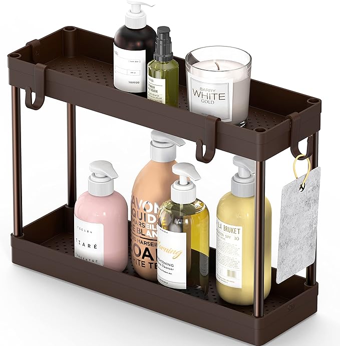 Simple Houseware 2-Tier Under Sink Organizer Storage Tray with Hooks, Brown