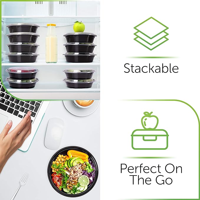 PrepNaturals Reusable Plastic Containers with Lids, 10 Pack, Black, Meal Prep Bowls, Lunch Containers, BPA, PVC and Phthalate Free, Microwave and Freezer Safe
