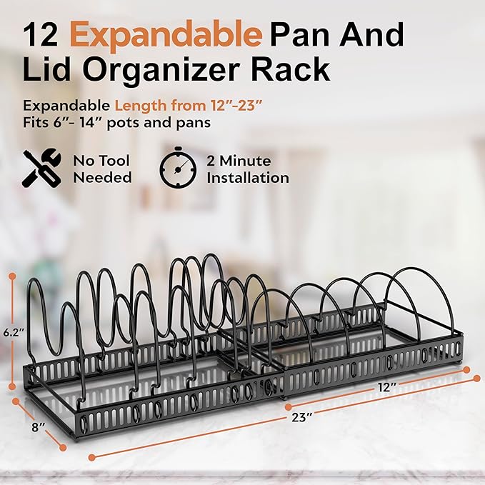 Expandable Pot and Pan Organizer Rack - Adjustable Kitchen Cabinet Holder for Pots, Lids, and Pans