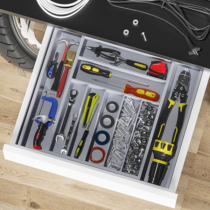 Silverware Organizer Utensil Drawer Organizer - Bamboo Cutlery Organizer Kitchen Drawer Organizer for Silverware, Utensils, Cutlery, Flatware, Knives W13.5-19.9" x L17.6 (Grey)