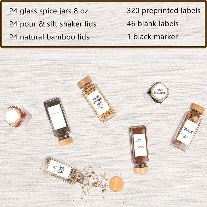 SWOMMOLY 24 Pcs Glass Jars with Labels, 8 oz Spice Bottles with Bamboo Lids, Empty Shaker Containers with 366 White Labels, Chalk Marker, Funnel Set