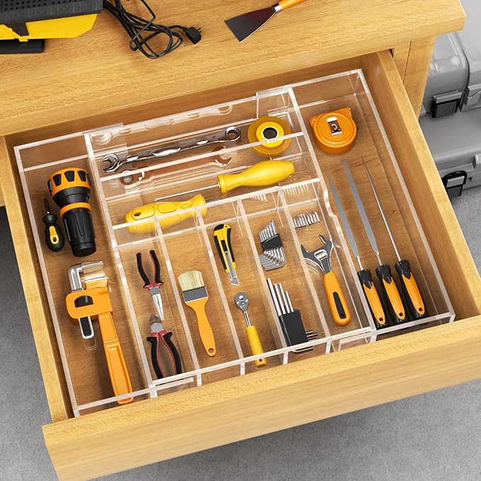 NIUBEE Expandable Kitchen Drawer Organizer for Flatware and Utensils,Clear Acrylic Adjustable Silverware Tray for Drawer,Office,Bathroom Supplies-9 Compartments