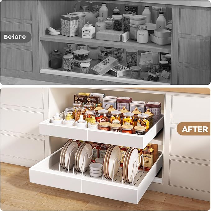 6 Pack Pull out Cabinet Organizer 21"Deep with Raising Pad for Framed Cabinets, Expandable Slide out Drawers for Kitchen Cabinets with 6pcs Divider Racks, Roll out Shelves 12.1"-20.4" W White