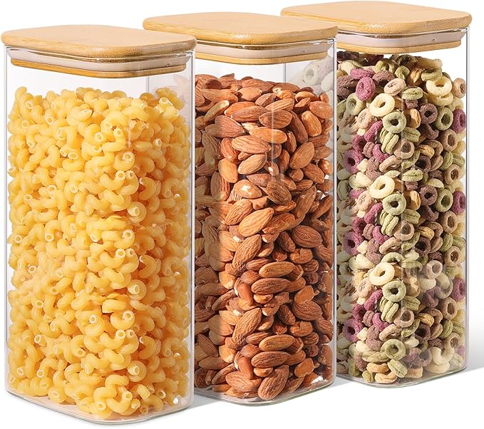 ComSaf 54oz Rectangle Glass Containers with Lids, Glass Jars with Bamboo Lids, Clear Food Storage Jar, Sugar Coffee Containers, Pantry Storage for Pasta Rice Flour Oats Nuts Tea