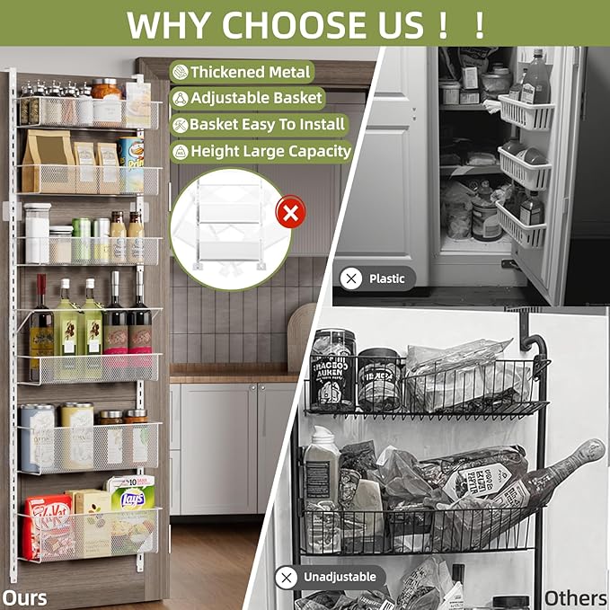 Over The Door Pantry Organizer, 6-Tier Pantry Door Organizer Shelves, Metal Hanging & Wall Mount Spice Rack Organizer, Pantry Door Organization for Pantry Kitchen Storage Room Spice Rack
