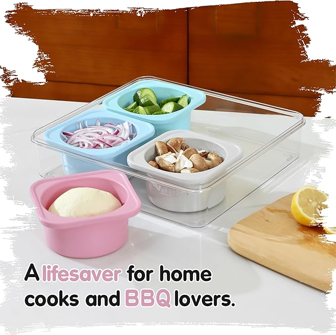 500ml Pizza Dough Proofing Containers for DIY family Artisan Pizza, Food Grade Silicone Stackable Boxes with Lids-4 Pack (Four-color containers with carry-on tray)