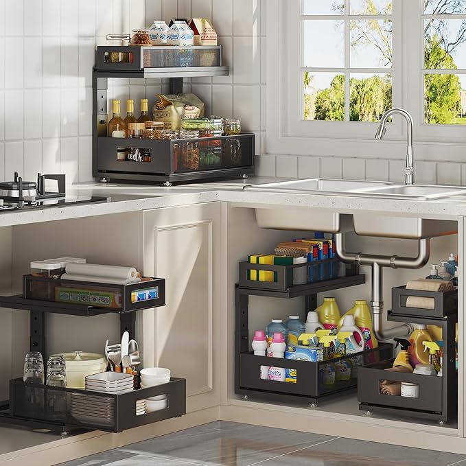 1 Pack 15.74IN-Depth Under Sink Organizer With Next-Gen Ball-Bearing Slides,2-Tier Pull Out Cabinet Storage,Height Adjustable Drawer Shelf for Bathroom,Kitchen,Laundry,Cabinet,Pantry-Black
