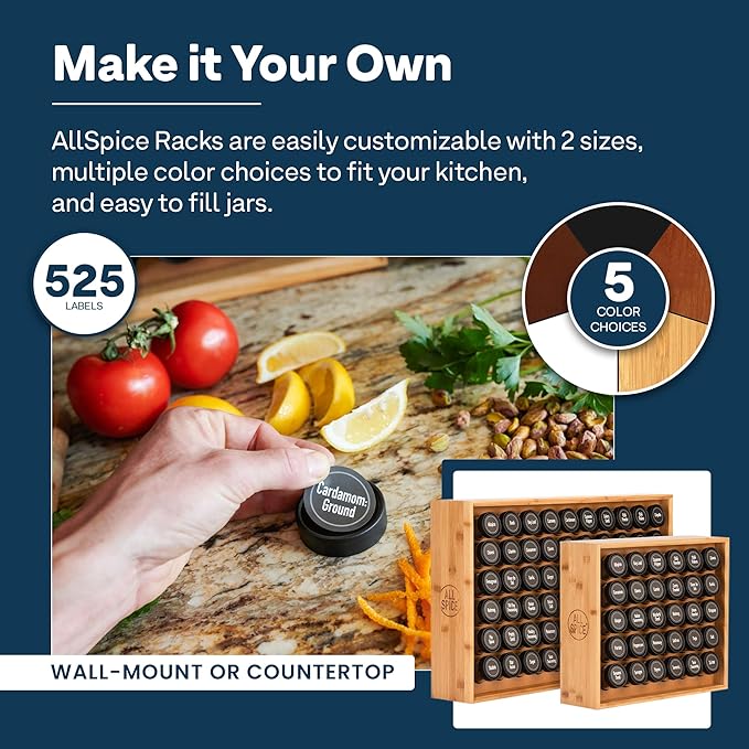 AllSpice Wood Spice Rack Organizer, 525 Unique Labels, Countertop or Wall Mount, Includes 30 4oz Jars- Bamboo