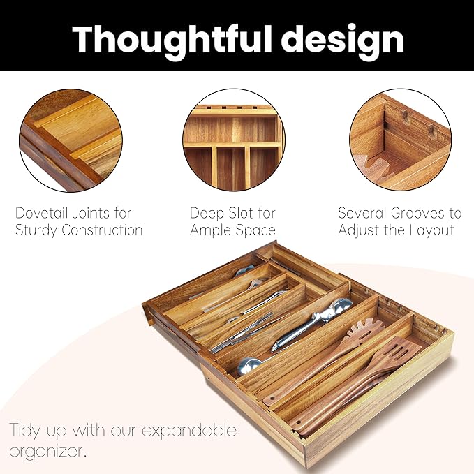 Acacia Wood Expandable Silverware Organizer, Kitchen Utensil Drawer Organizer for Forks & Spoons, 8-Compartment Cutlery Tray, Flatware Holder