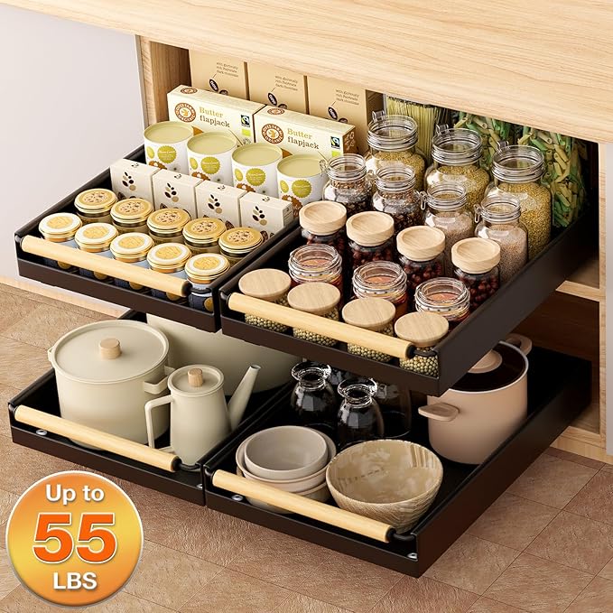 Pull out Cabinet Organizer, 16" Deep Pull Out Drawer for Kitchen Cabinets Adhesive with Nano Film, Slide out Cabinet Organizer Shelf for Pantry Bathroom Organization Black