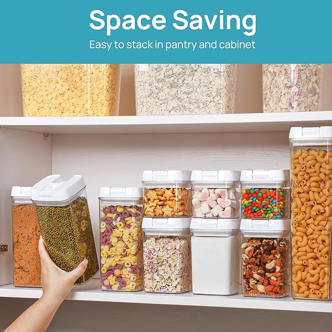 Vtopmart Airtight Food Storage Containers, 7 Pieces BPA Free Plastic Cereal Organizer Canisters with Easy Lock Lids, for Kitchen Pantry Organization, 24 Labels, White