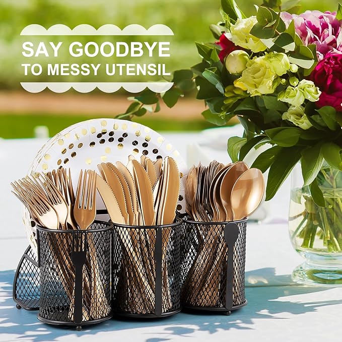 Metal Utensil Caddy Silverware Organizer, Paper Plate Holder Cutlery Container, Flatware Spoon Fork Storage for Outdoor Party Camping Picnic Buffet RV BBQ Farmhouse Kitchen Countertop (Black)