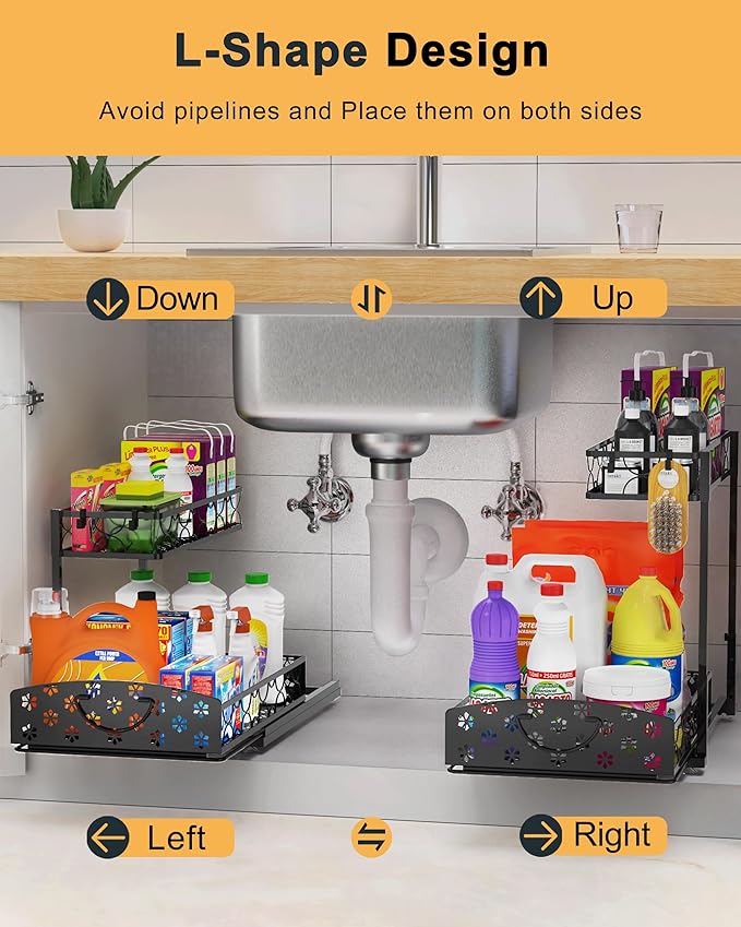 2 Pack Under Sink Organizer, Adjustable Height Metal Under Kitchen Cabinet Organizer, 2-Tier Sliding Shelf Storage, Multi-Use for Under Kitchen Bathroom Sink Organizers and Storage, Black