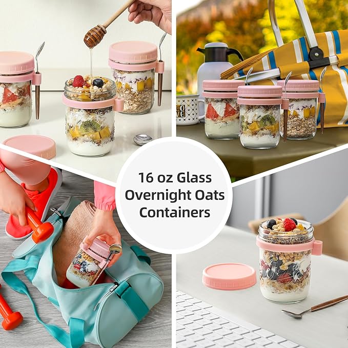 LANDNEOO 6 Pack Overnight Oats Containers with Lids and Spoons, 16 oz Glass Mason Overnight Oats Jars, Large Capacity Airtight Jars for Milk, Cereal, Fruit(Pink)