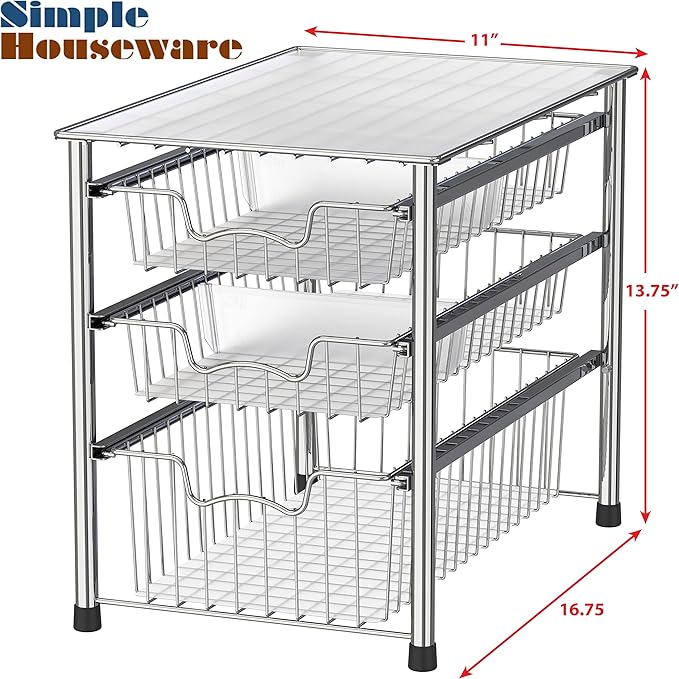 Simple Houseware Stackable 3 Tier Sliding Basket Organizer Drawer, Chrome