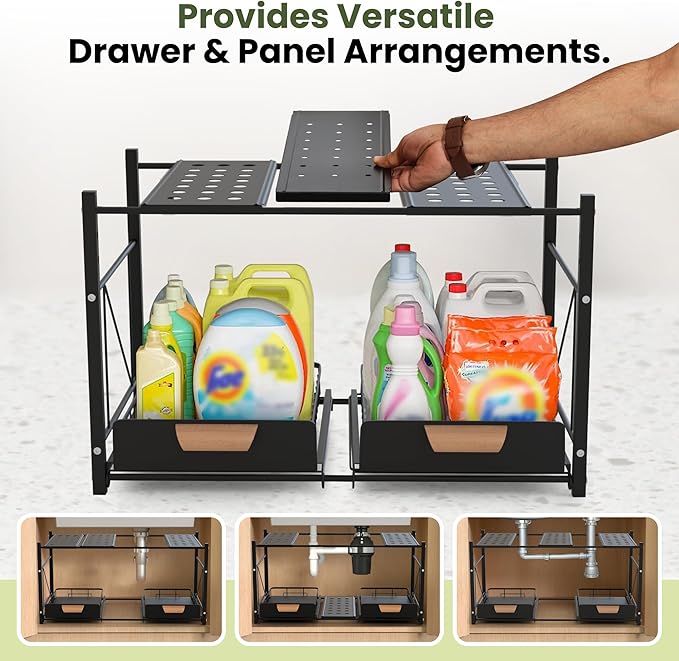 Expandable Kitchen Under Sink Organizers and Storage - Rustproof Bathroom Organizers and Storage - 2 Tier Sliding Basket Drawers, Adjustable Width & Height Bathroom Cabinet Organizer