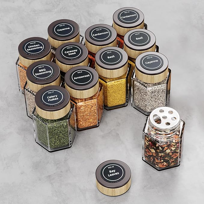 Set of 12 Magnetic Spice Tins with 2 Black Metal Wall-Plates,100 Preprinted Seasoning Label Stickers,2 Styles for 3 oz Herb Jars (12 PCS)