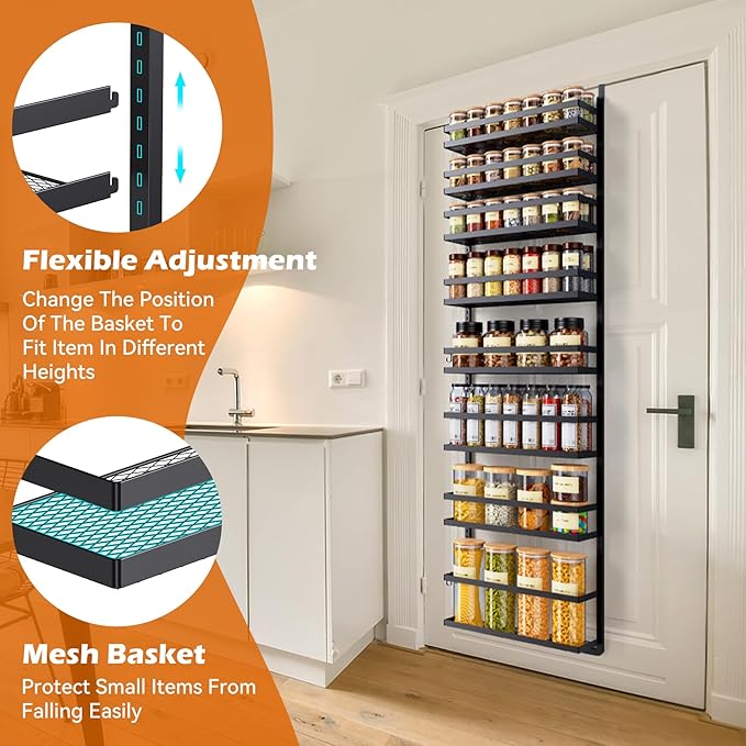 8-Tier-Wall-Mount-Spice-Rack-Organizer W/ Adjustable Basket&Fence, Large Over The Door Spice Seasoning Shelf For Pantry Kitchen, Hanging Spice Organization For Cabinet Door, Bathroom Door Storage