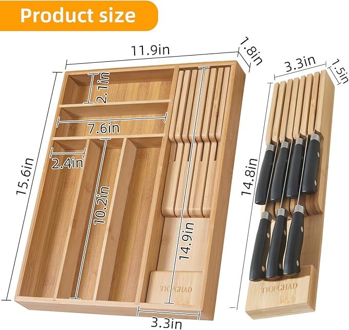 Small-Bamboo-Silverware-Drawer-Organizer, Expandable Utensil Kitchen Cutlery Tray Flatware Organization Adjustable Wood Tableware Dividers Storage (with Removable Knife Block)(Natural)