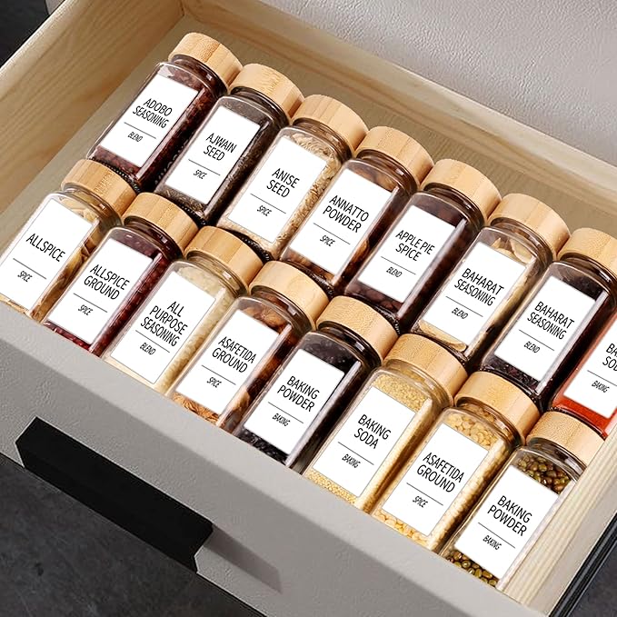 SWOMMOLY 24 Pcs Glass Spice Jars with Labels, Square Jars with Bamboo Lids, 4 oz Empty Jars with Shaker Lids, Seasoning Spice Storage Containers Bottles