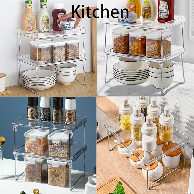 Kitchen Stackable Shelves 2Pack, Cabinet Storage Shelf Rack, Foldable Countertop Shelf Organizer for Kitchen, Bedroom and Bathroom, Cabinet Storage Organization-Clear