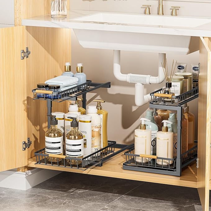 Delamu 2 Pack Under Sink Organizer and Storage, 2 Tier Pull Out Cabinet Organizer, Slide Out Under Sink Storage Shelf, Undersink Organizers Shelves for Kitchen Bathroom Pantry Organization