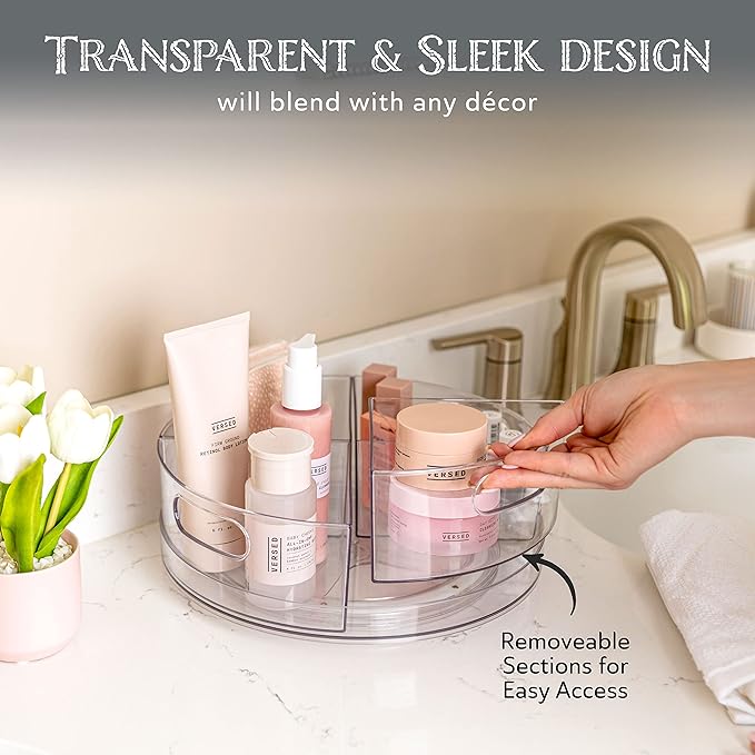 Oizeir Lazy Susan Turntable - Clear Acrylic, Removable Sections, Rotates 360 Degrees. Easily Organize Your Fridge, Cabinet or Counter. Great Carousel Storage for Food, Spices, Cosmetics. (4-Sections)