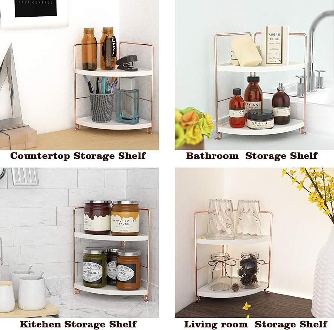 2-Tier Bathroom Countertop Organizer - Vanity Tray Cosmetic & Makeup Storage- Kitchen Spice Rack Standing Shelf - Corner Storage Shelf, Rose Gold
