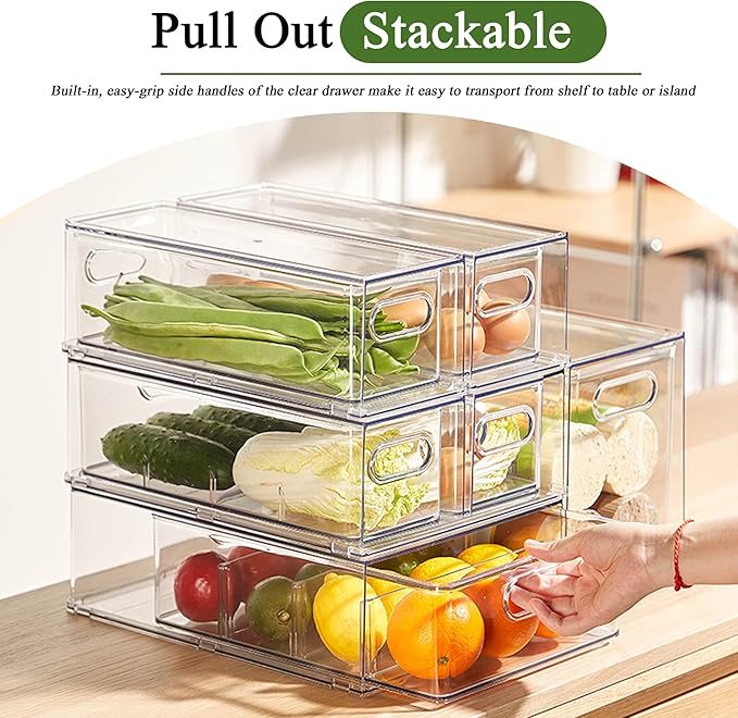 2 Pack Fridge Organizers and Storage with Pull out Drawer, Stackable Storage Drawer, Clear Refrigerator Organizers and Storage, BPA-Free for Kitchen Cabinet Pantry,13.4x 4.96 x 4.3 inch