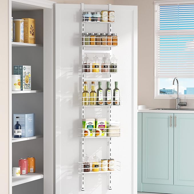 Pantry Door Organizer 12 Inch Wide, 6 Tier Hanging Adjustable Over the Door Spice Rack For Narrow Space,Matt White