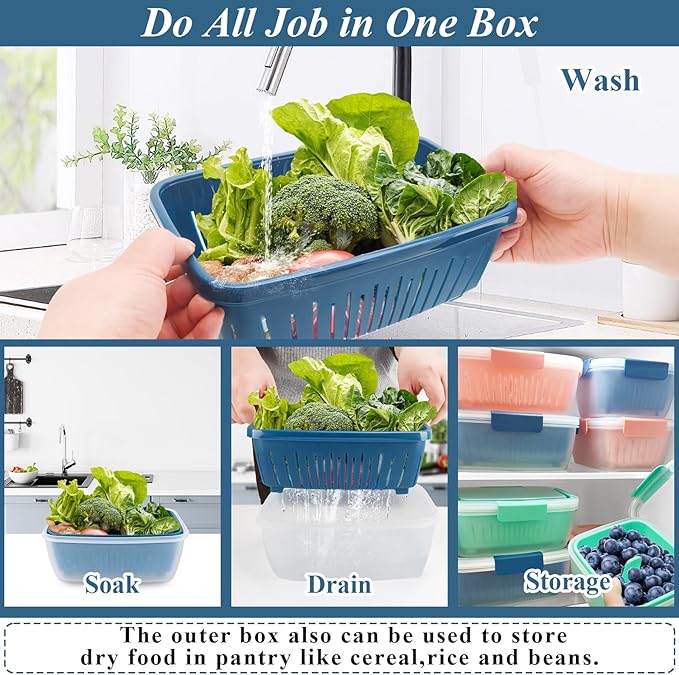 shopwithgreen 68oz Berry Keeper Fruit Storage Container for Fridge, Fresh Food Produce Saver Containers with Removable Drain Colanders, Vegetable Lettuce Keeper Bowl, Refrigerator Organizer, 2 Pack