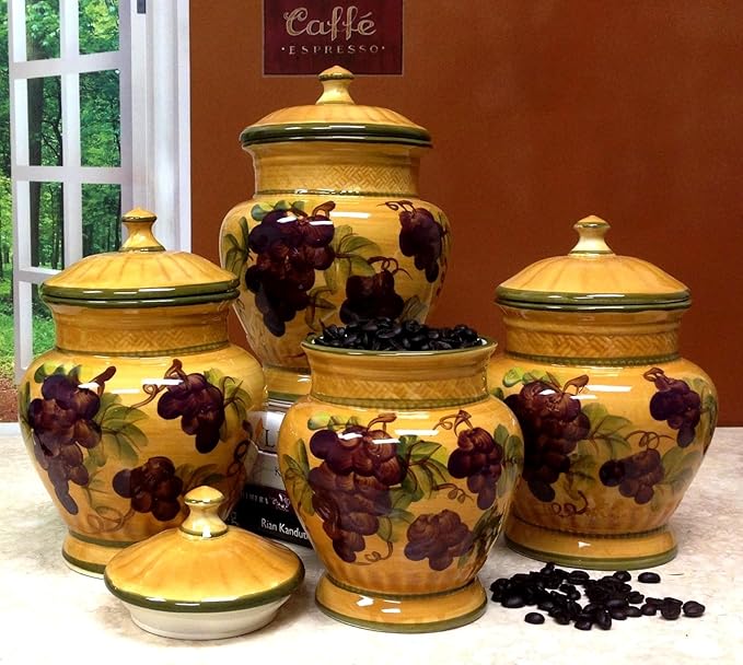 Tuscany Grape Hand Painted Ceramic 4PCs Canister Set with Lid, Kitchen Storage Jar, Food Storage Container, Airtight Storage Container With Rubber Seal