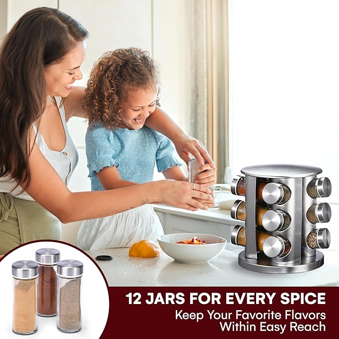 Vdomus Spice Organizer Rack Sets - Rotating Seasoning Jars, Spice - Seasoning Container Rack for Kitchen Countertop & Cabinet - Premium Stainless Steel - Essential Kitchen Organizers