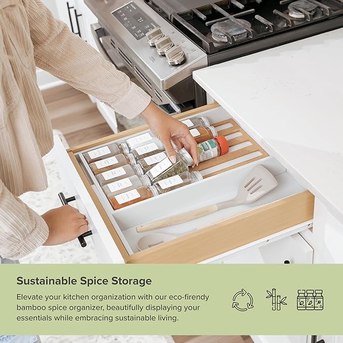 Spice Drawer Organizer with Expandable Storage. Holds up to 15 Spice Jars (Not Included), Non-Slip Feet, Kitchen Accessory Storage, 100% Sustainable Bamboo Wood (White Bamboo)