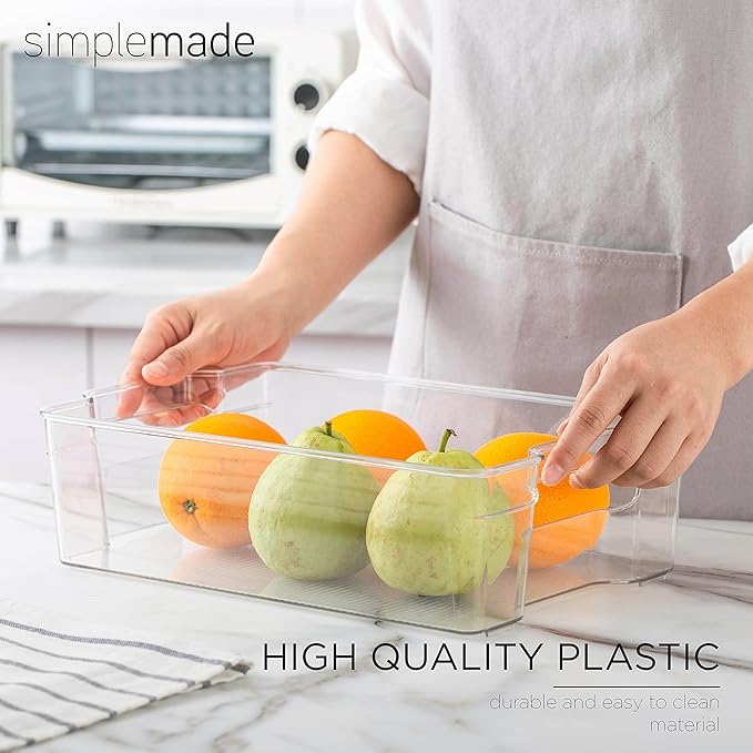 SIMPLEMADE Clear Refrigerator Organizer Bins - Clear Bins for Fridge, Containers for Fridge and Freezer, Multipurpose Storage for Kitchen, Office, Bathroom, Pack of 4 (8" x 12")