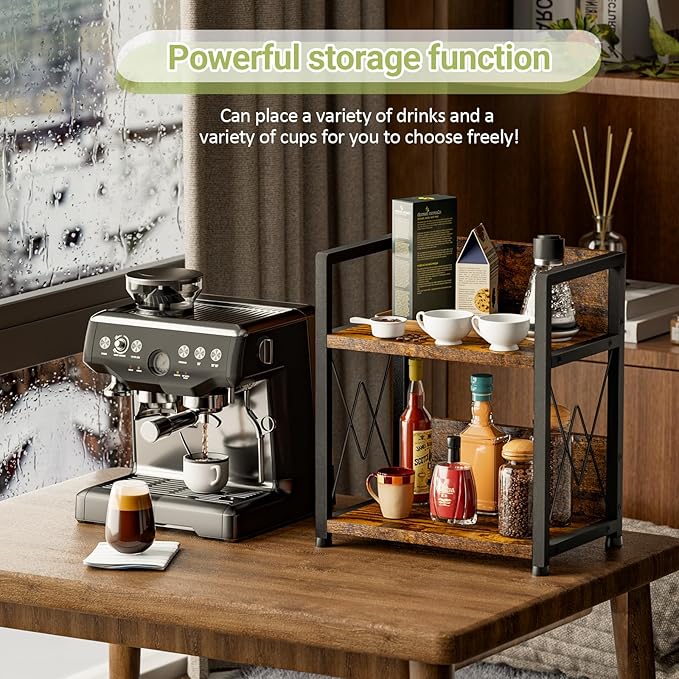 Aduanbang Coffee Bar Accessories Organizer, 2 Tier Wooden Kitchen Counter Shelf, Coffee Organizer Station for Countertop, Condiment Rack for Mugs, Cups, Cream, Syrup