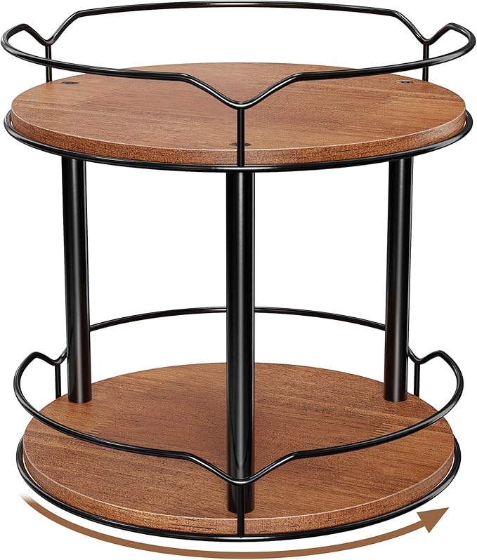 Lazy Susan Organizer 2 Tier - Turntable Spice Rack for Table Top, Wooden Rotating Lazy Susan for Cabinet Pantry Kitchen Countertop Dining Table Cupboard Bathroom Vanity Storage