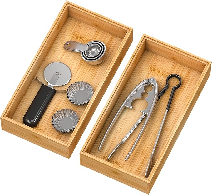Stackable Bamboo Kitchen Drawer Organizer, Stackable Silverware Tray Utensil Organizer Holder for Kitchen Drawers, Multi-Use Storage Box for Office Desk, Makeup, Jewelry - 2 Pack, (12x6x2.5 inch)
