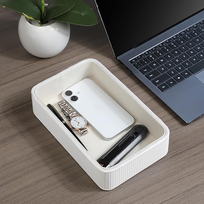 PU Leather Valet Tray Organizer, Small Nightstand Organizer Bedside Desktop Storage for Womens and Men, Perfume Trinket Catchall Vanity Tray for Key Watch Wallet (White, Rectangular)