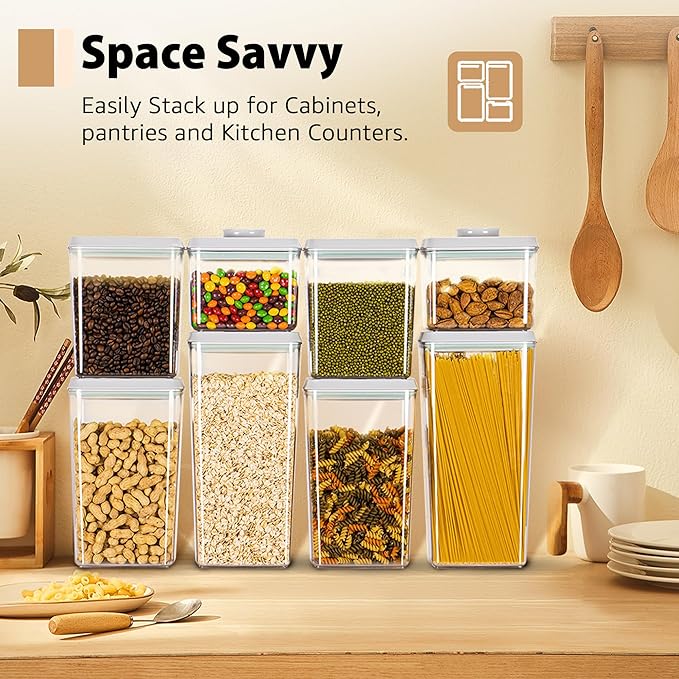 Uamector Pop Container Sets, 8-Piece Airtight Food Storage Containers, BPA-Free Air Tight Stackable Dry Cereal Container, Pantry Organization and Storage Cereal Snack Sugar Coffee