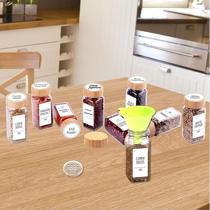 SWOMMOLY 24 Pcs Glass Spice Jars with Labels, Square Jars with Bamboo Lids, 4 oz Empty Jars with Shaker Lids, Seasoning Spice Storage Containers Bottles
