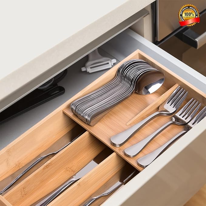 Bamboo Silverware Organizer, Kitchen Silverware Drawer Organizer, Utensil Tray Holder, Cutlery Tray for Spoons, Forks, Knives