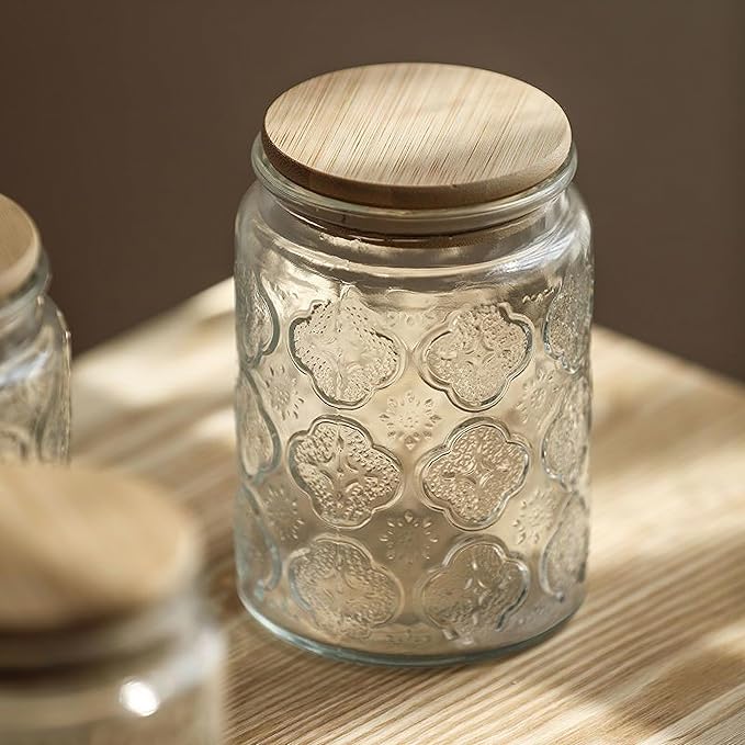 Glass Storage Jars With Airtight Lid, 35oz Canister For Kitchen Counter with Bamboo Lid, brown sugar, candy, coffee, cookie, salt, tea,pantry cute Jar (35oz Large Begonia Flowers)