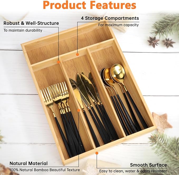 Bamboo Drawer Organizer for Utensils Holder, Drawer Dividers Organizer for Silverware, Flatware, Knives in Kitchen, Bedroom, Living Room, Office as Housewarmings, Wedding, Bridal Shower Gifts