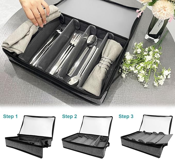 Silverware Organizer Chest,Silverware Storage Box,Stackable Flatware Storage Case,Spoon Organizer,Tableware Storage Box With 4 Dividers for Moving Transport,Kitchen Utensil cutlery Organizer