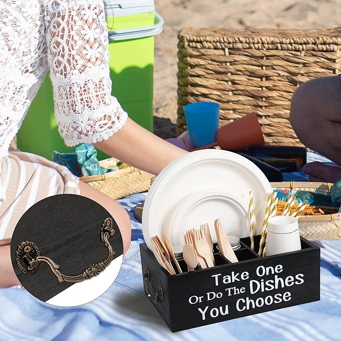 Small Paper Plate Holder Utensil Caddy Organizer for Countertop, Kitchen Silverware Cups, Forks, Spoons, Plates, Napkins, Wood Dispenser Party Picnic