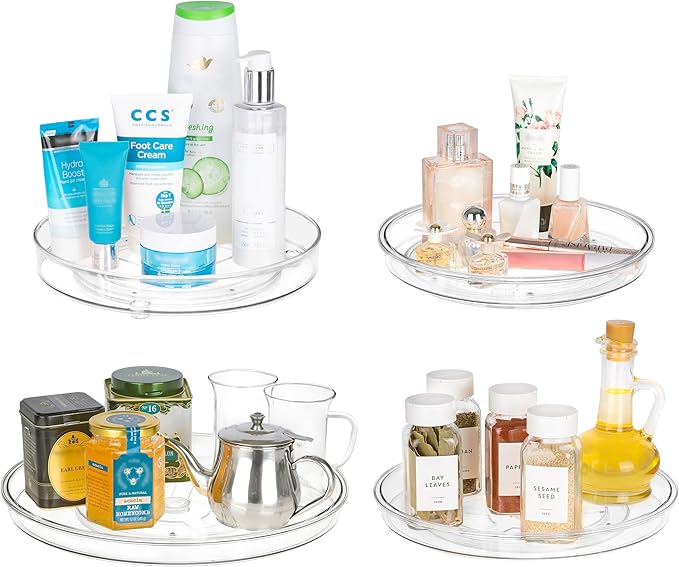 11" Lazy Susan Organizer. 2 Pack Clear Plastic Rotating Trays for Cabinets, Fridge, Pantry, Bathroom, Under Sink, Vanity, Countertops